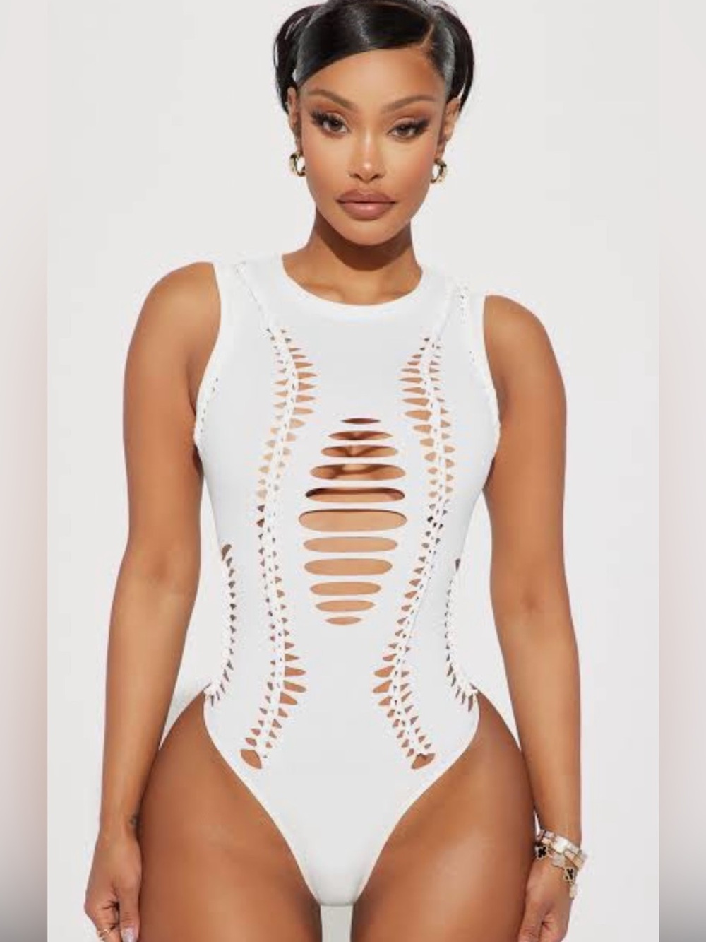 Fashion Nova White Laser-Cut Bodysuit (#114)